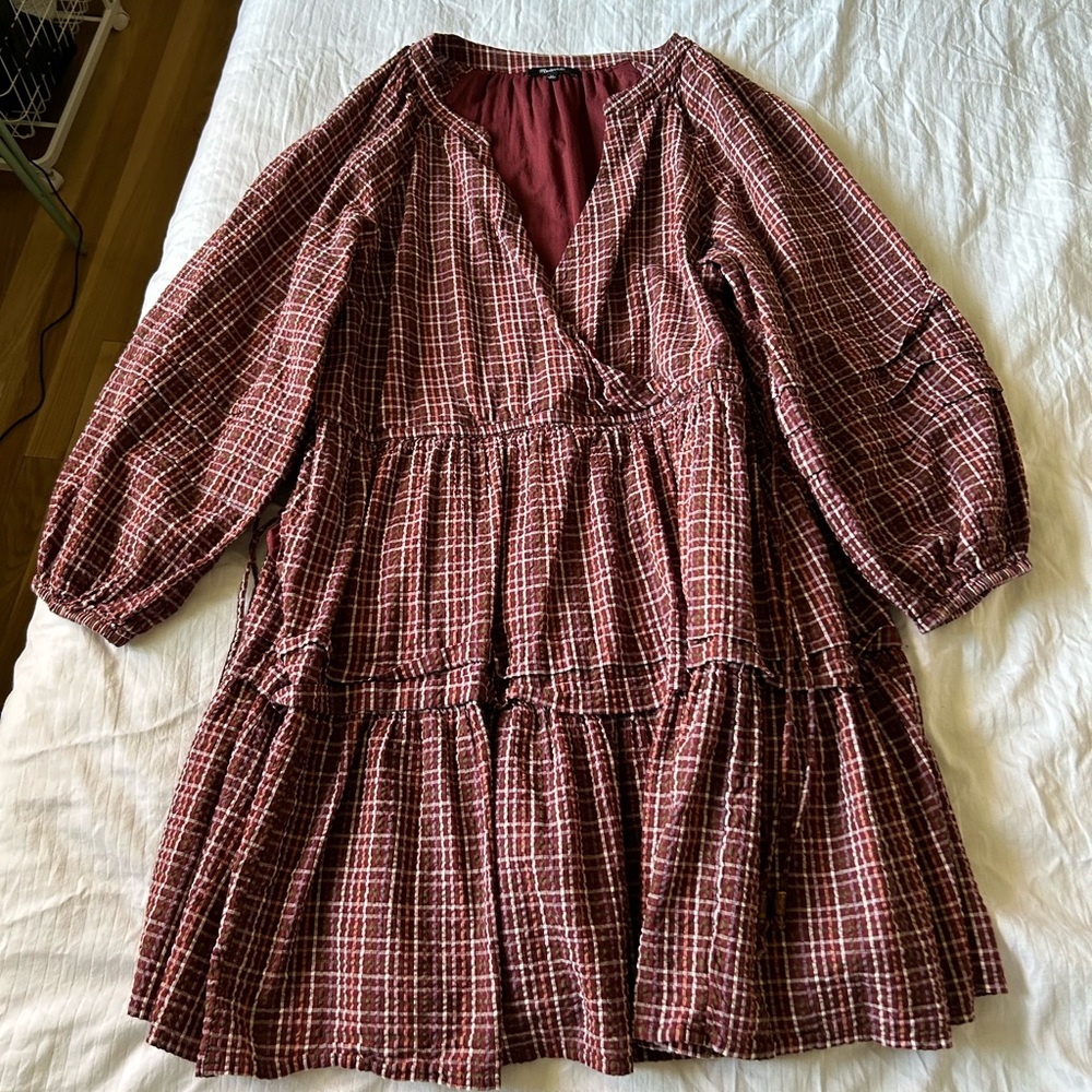 Madewell Seersucker Wrap Mini Dress, Dark Merlot XL